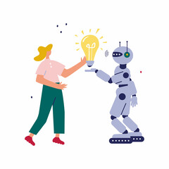 Robot give lightbulb to female employee offer productive business solution. Virtual assistant or cyborg help businesswoman with innovative idea or startup project. Innovation. 