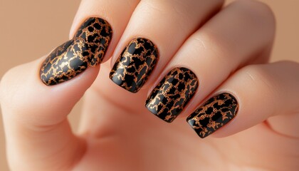 Close-up of golden leopard print nails