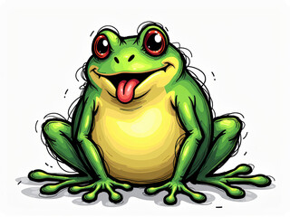 Fototapeta premium Cartoon frog in a green shirt with yellow spots, sitting upright on hind legs, tongue out, against plain white background - AI-Generated