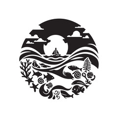 World Oceans Day Silhouette Vector Illustration, Solid White Background.