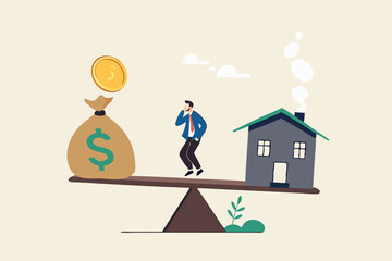 Decision between pay off mortgage or invest in stock market, most benefit or profit, financial decision, option to choose concept, businessman think between pay off mortgage and invest for profit.