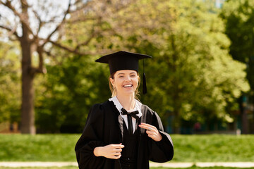 Celebrating achievement with joy in a graduation gown and cap on a sunny day