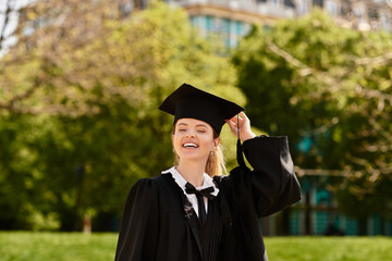 Young woman celebrates graduation outdoors in cap and gown, filled with joy