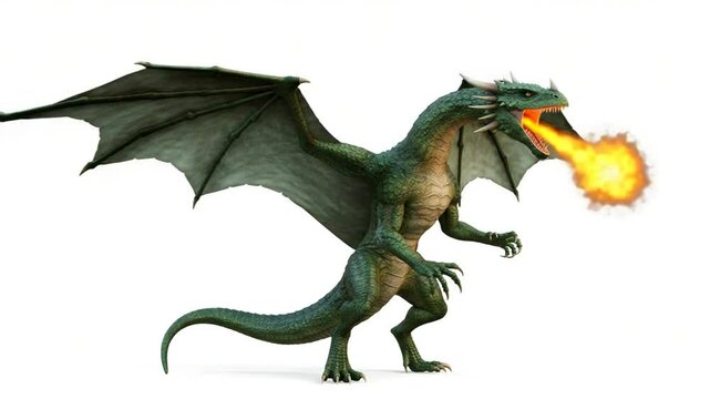 Green dragon breathing fire render isolated on white background