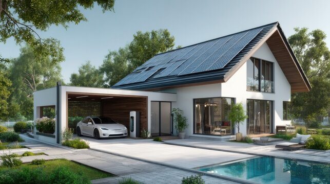 Modern home utilizes solar panel energy and electric car charging for sustainable lifestyle with a swimming pool
