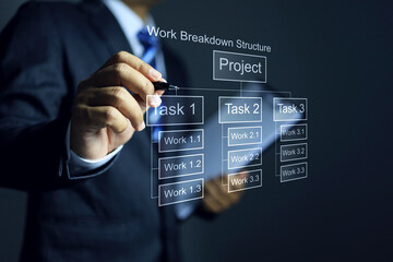 WBS work breakdown structure concept with businessman write a pen to analyze project task to break...
