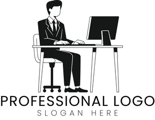 Professional Businessman Working at Desk Computer Logo job icon flat black white