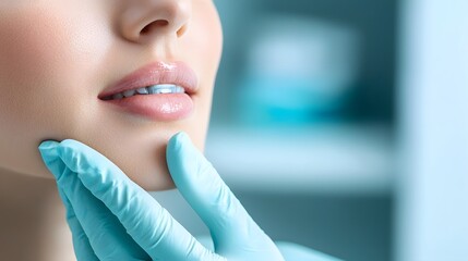 Close up of a Skilled Surgeon s Gloved Hands Meticulously Adjusting a Patient s Chin Implant During a Chin Augmentation Procedure Ensuring a Clean and Focused Composition with Ample Copy Space