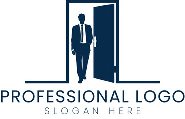 Professional Businessman Entering Open Door Logo Design new dark blue icon path 