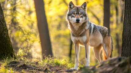 Obraz premium A realistic gray wolf standing in a forest, its fur glistening in the sunlight, with a focused expression.