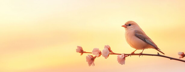 Pastel color birds on a tree branch A serene bird perched on a blossoming branch against a soft, colorful sunset backdrop, symbolizing peace and beauty in nature.