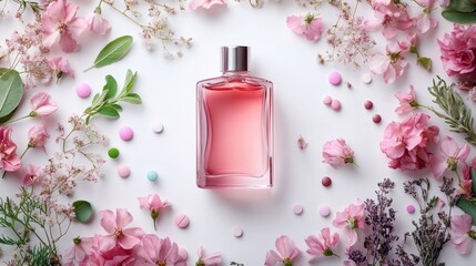 Elegant pink perfume bottle surrounded by delicate floral arrangement