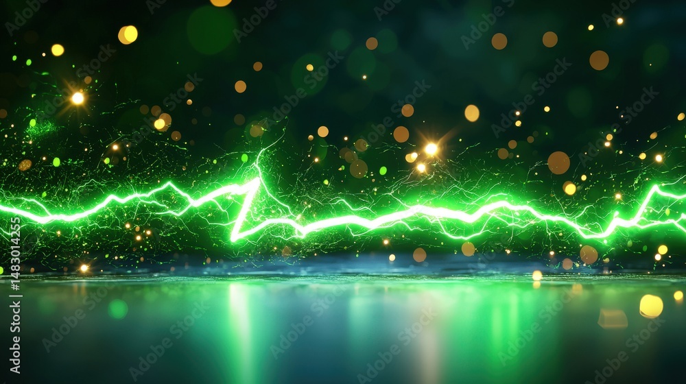Poster dynamic green lightning bolt flowing across a dark background
