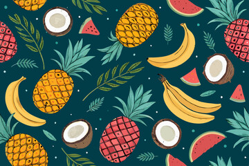 Create a vibrant, funky fruit pattern featuring bold, graphic illustrations of tropical fruits like mangoes, pineapples, and bananas.  Background should be a contrasting color.