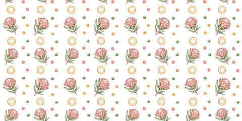 Naklejka premium Repeating Botanical Protea Pattern. Description Seamless watercolor protea flower pattern with pink blossoms, green leaves.