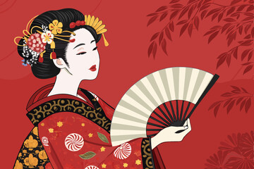 Create a vibrant vector illustration of a geisha, featuring a bold, geometric kimono pattern and traditional Japanese paper elements.  Focus on intricate details and a stylish, contemporary aesthetic.