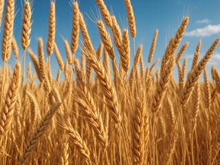 Fototapeta premium a field of ripe, golden wheat ready to be harvested, with a bright blue sky in the background.