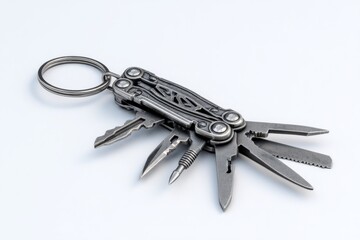 A multi-tool keychain unfolds its many functions.  Sleek, metallic design. Perfect for everyday carry.