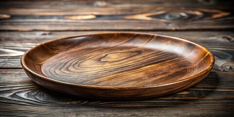 Obraz premium Empty rustic wooden plate on dark wood background, perfect for food presentation or product display