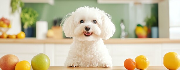 cute dogs with different poses A fluffy white dog sits happily among colorful fruits in a bright kitchen, showcasing a cheerful home atmosphere.