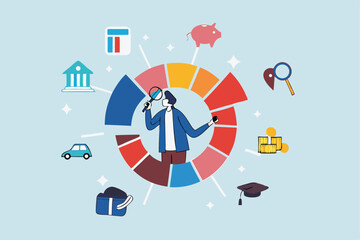Budget planning, financial expense or spending allocation, investment, income, saving percentage pie chart, cost tracking or debt management concept, businessman analyze budget allocation pie chart.