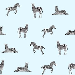 Watercolor Seamless Pattern with Zebras for printing on paper, packaging, wrapping on a blue background.