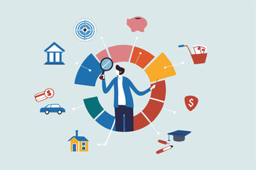 Budget planning, financial expense or spending allocation, investment, income, saving percentage pie chart, cost tracking or debt management concept, businessman analyze budget allocation pie chart.