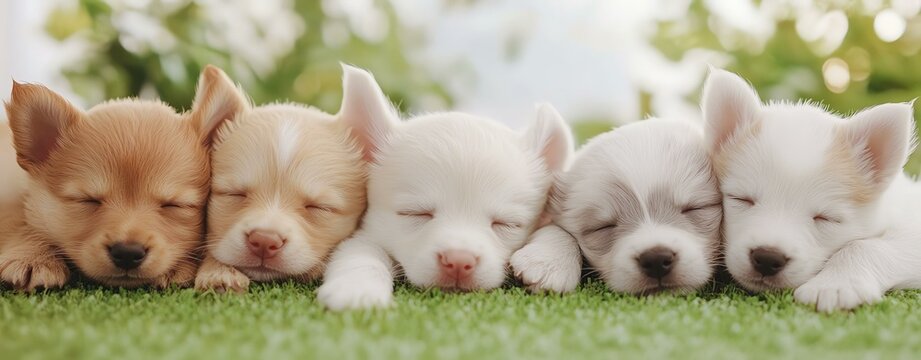 cute dogs with different poses Five adorable puppies sleeping peacefully on a grassy lawn, showcasing different fur colors and a serene atmosphere.