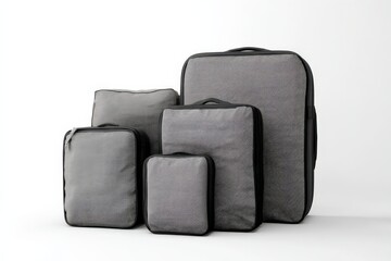 Fototapeta premium Set of gray travel organizers in various sizes, perfect for packing and keeping clothes organized while traveling.