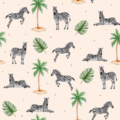 Tropical Animal and Plant Pattern Featuring Zebras and Leaves. Watercolor seamless pattern featuring zebras, palm trees, tropical leaves on a background.