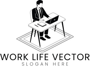 Isometric Businessman Working Laptop Desk Vector art job pen line icon logo room