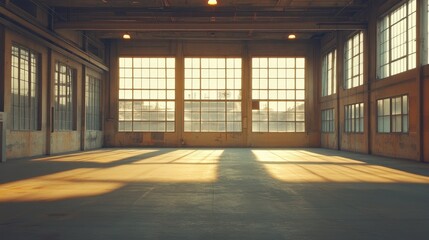Spacious industrial warehouse interior with large sunlit windows