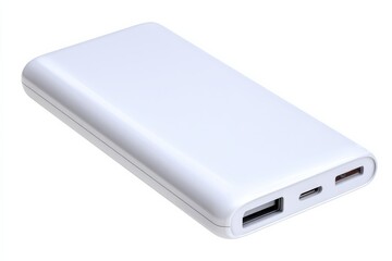 Sleek white portable charger with multiple ports. Perfect for on-the-go device charging.