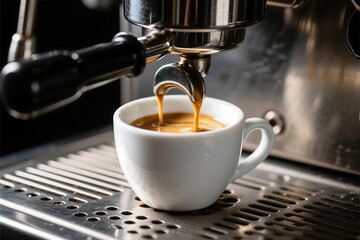 Freshly brewed espresso flowing into a white ceramic cup in a coffee shop