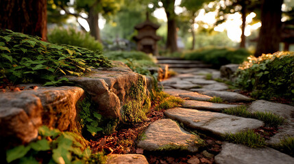 Serene stone pathway through a lush garden