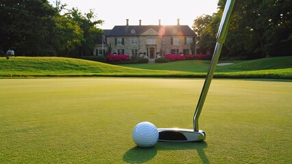 Golf club poised above white golf ball, set against stunning garden and cozy house backdrop, copy space