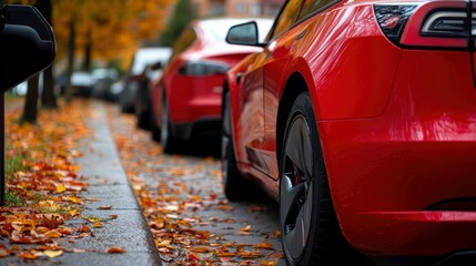 Red electric cars parked on autumn street