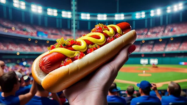 Close-up of hand holding hot dog with mustard and ketchup at packed baseball stadium under bright lights during night game with cheering crowd

