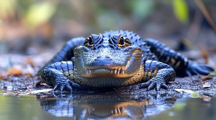 Fototapeta premium Close-up of alligator on riverbank reflecting in water