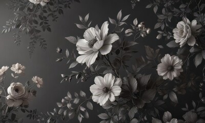 Subtle charcoal floral wallpaper, delicate blooms & vintage leaves, foliage, flowers
