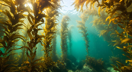 Sunlit Golden Brown Kelp Forest Rising Through Clear Turquoise Water in Ocean Depth