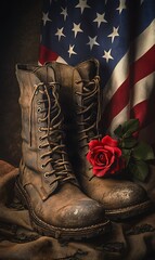 Worn combat boots with a red rose sit against an American flag backdrop