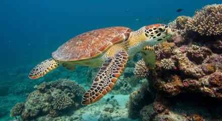 Sea turtle swimming near coral reef