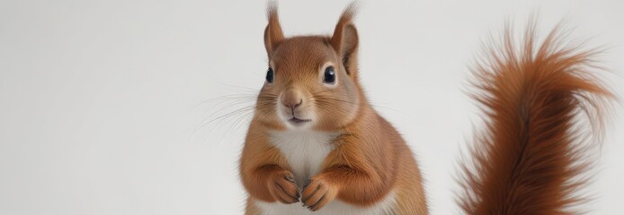 A fluffy red squirrel poses against a pure white backdrop , portrait, front view