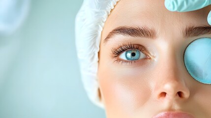 Close up Photograph of a Medical Professional Carefully Applying Cooling Pads to a Patient s Eyes After an Eyelid Refinement Treatment Ensuring a Soothing and Clean Medical Setting with Copy Space