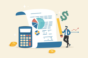 Financial statement, money expense profit and loss report, tax audit chart and graph, calculate budget, financial research or banking document concept, business man with financial statement document.