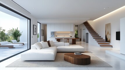 Fototapeta premium Modern minimalist living room with open kitchen and floating staircase