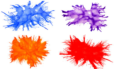A bold set of watercolor ink splatter textures featuring dynamic explosions in red, orange, blue, and purple.