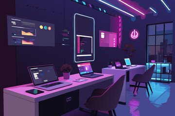 A vibrant, modern tech startup office interior showcasing neon screens, laptops, and sleek minimalist furniture.  Illustrate a collaborative and innovative workspace.