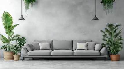 Modern gray sofa with cushions in minimalist living room with green plants